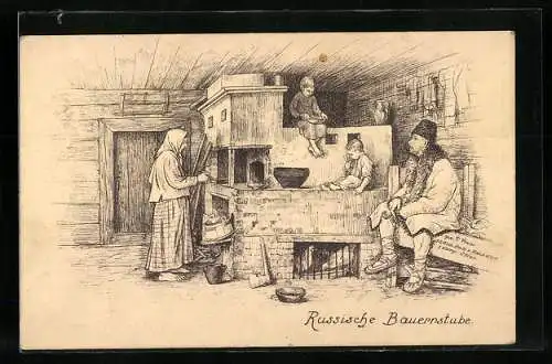AK Russische Bauernstube, Familie hält sich am Ofen auf
