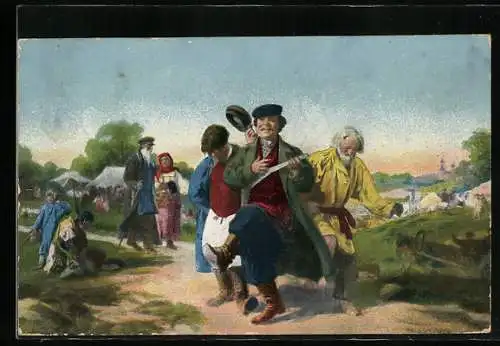 AK Powrot z targu, polnische Dorfbewohner laufen in ausgelassener Stimmung durch den Ort