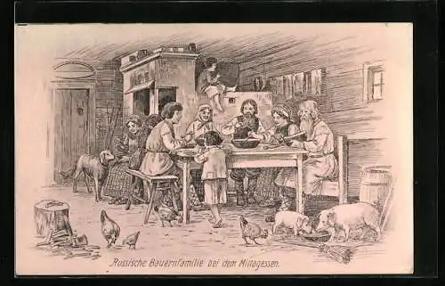 Künstler-AK russische Bauernfamilie beim Mittagessen, Schweine, Hühner & Hund in der Stube
