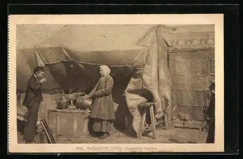 AK Russische Kantine, Frau am Fass, junger Mann trinkt