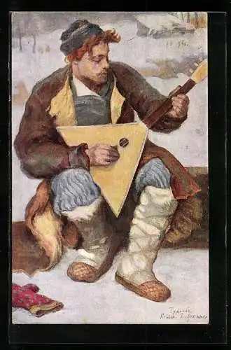 AK ein russische Mann spielt auf einer Balaleika
