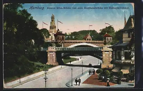AK Hamburg-St.Pauli, Kersten Miles-Brücke und neue Hochbahnbrücke mit Bismarckdenkmal