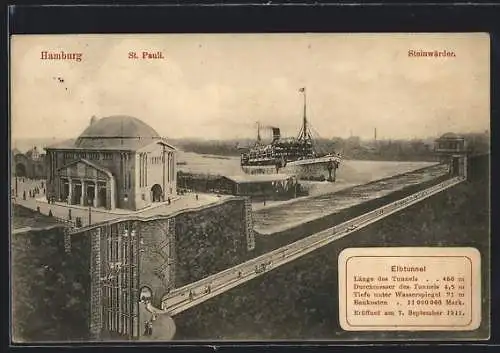 AK Hamburg-St. Pauli, Elbtunnel, Passanten im Tunnel unter der Elbe, Blick nach Steinwärder