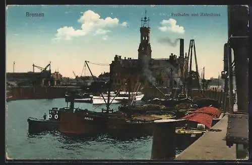AK Bremen, Freihafen und Schiff vor dem Hafenhaus