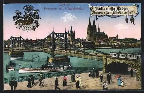 AK Köln, Neue Hängebrücke mit Strassenbahn und Passanten