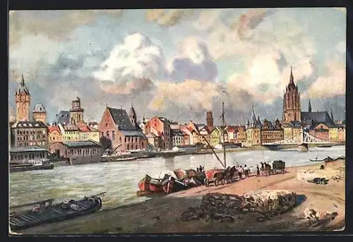 Künstler-AK Alt-Frankfurt, Uferpartie mit Kirche