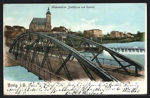 AK Penig, Muldenbrücke, Stadtkirche und Schulen
