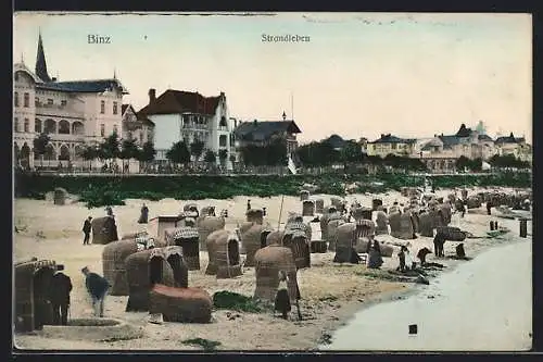 AK Binz, Blick vom Strand auf die Strandvillen und Hotels