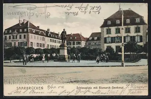 AK Saarbrücken, Schlossplatz mit Bismarck-Denkmal
