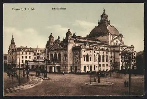 AK Frankfurt a. M., Schauspielhaus mit Strassenbahnhaltestelle