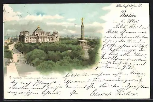 Lithographie Berlin-Tiergarten, Siegessäule vor dem Reichstagsgebäude