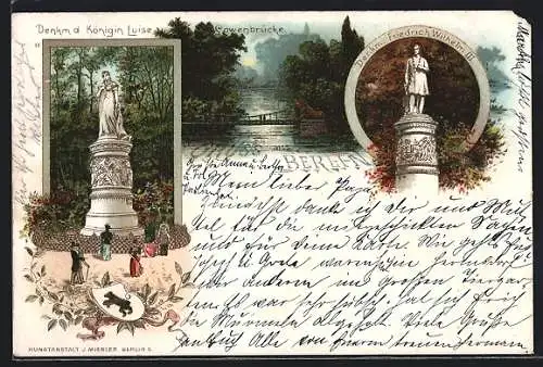 Lithographie Berlin-Tiergarten, Löwenbrücke, Denkmal Königin Luise und Friedrich Wilhelm III., Wappen