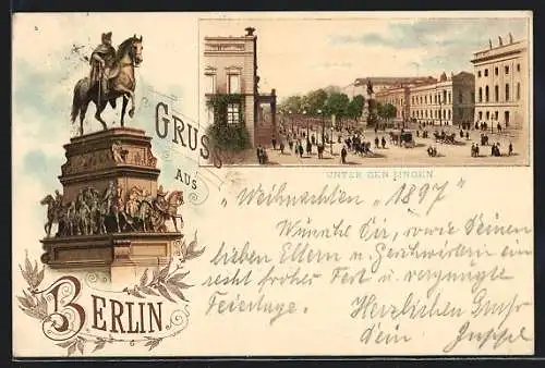 Lithographie Berlin, Ehrenmal Friedrich der Grosse, Unter den Linden
