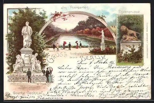 Lithographie Berlin-Tiergarten, Goethe-Denkmal mit Löwengruppe und Goldfischteich