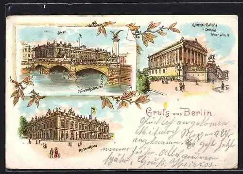 Lithographie Berlin, Nationalgalerie, Ruhmeshalle, Friedrichsbrücke, Blumenornament