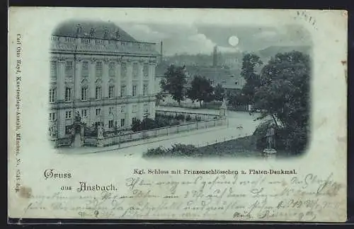 Mondschein-AK Ansbach, Königliches Schloss, Prinzenschlösschen, Platen-Denkmal