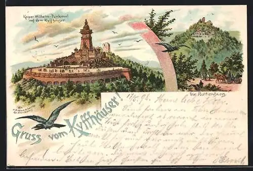 Lithographie Kyffhäuser, Kaiser Wilhelm-Denkmal, Rothenburg