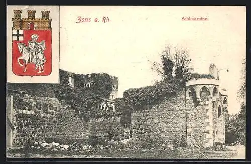 AK Zons a. Rh., Schlossruine und Wappen