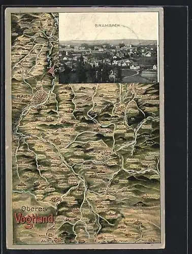 AK Oelsnitz / Vogtland, Panorama, Landkarte Oberes Vogtland mit Plauen & Schönach