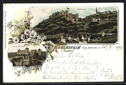 Lithographie Hohenstein / Aartal, Panorama mit Burg Hohenstein, Gasthof z. Burg Hohenstein a. Bahnhof