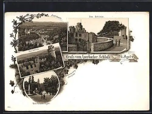 Lithographie Auerbach a. d. Bergstr., Das Schloss, das Fürstenlager, Gesamtansicht