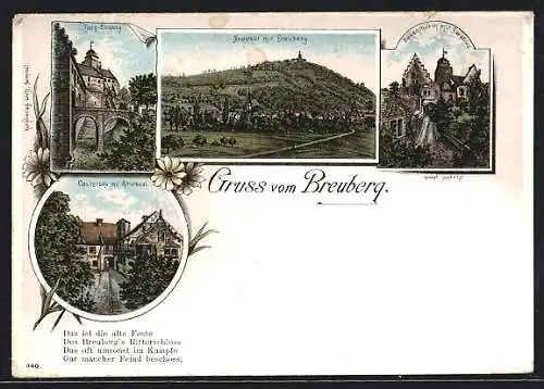 Lithographie Neustadt /Odenwald, Burg-Eingang, Casimirbau mit Rittersaal, Hexenthurm mit Bergfried, Breuberg