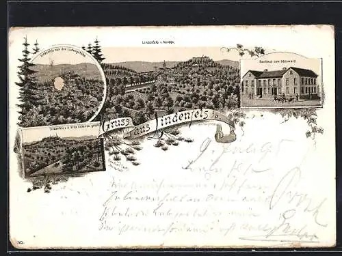 Vorläufer-Lithographie Lindenfels i. O., 1895, Gasthaus zum Odenwald, Ortsansichten v. Ludwigshöhe u. Villa Schneck aus