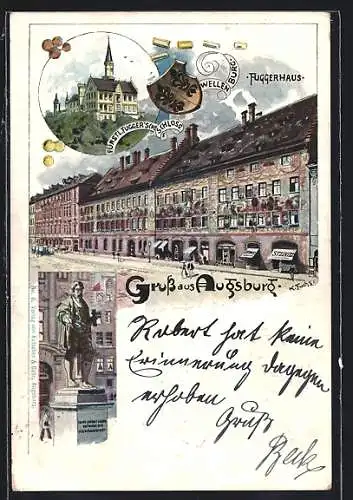 Lithographie Augsburg, Fürstliche Fugger`sches Schloss Wellenburg, Fuggerhaus, Fugger-Denkmal