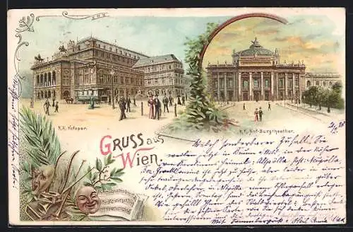 Lithographie Wien, K.K. Hof-Oper, Burgtheater