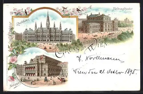 Lithographie Wien, Rathaus, Hofburgtheater, Hofoper