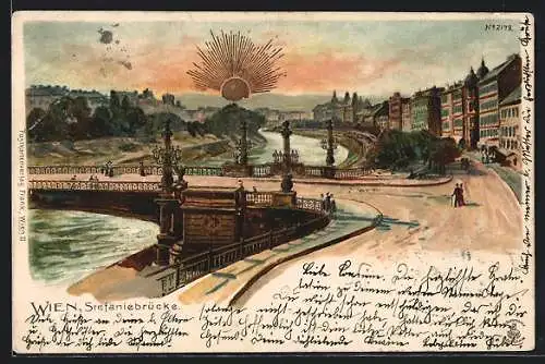 Lithographie Wien, Spaziergänger an der Stefaniebrücke