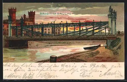Lithographie Wien, Brigittabrücke mit Uferpartie und Turmgebäude