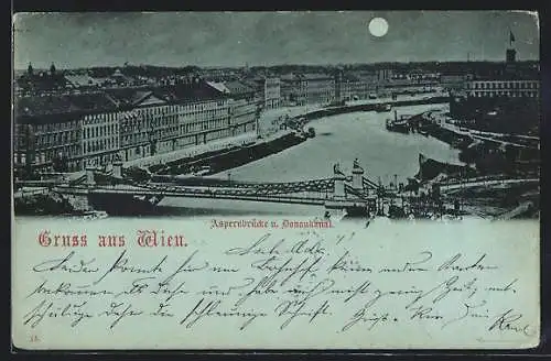 Mondschein-AK Wien, Aspernbrücke und Donaukanal aus der Vogelschau