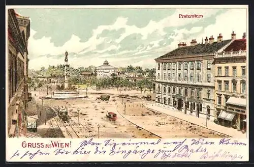 Lithographie Wien, Praterstern mit Denkmal