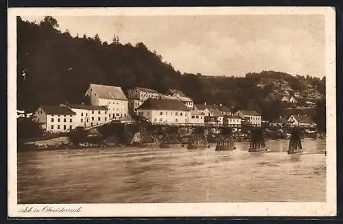 AK Ach, Blick über den Fluss zum Ort, Brücke