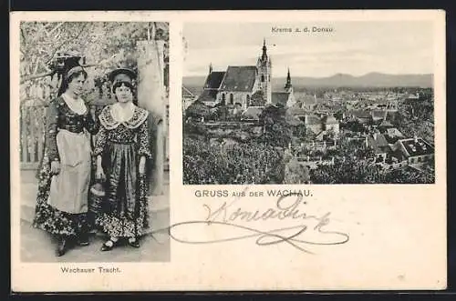 AK Wachau, Krems a. d. Donau, Teilansicht mit Kirche, Wachauer Tracht