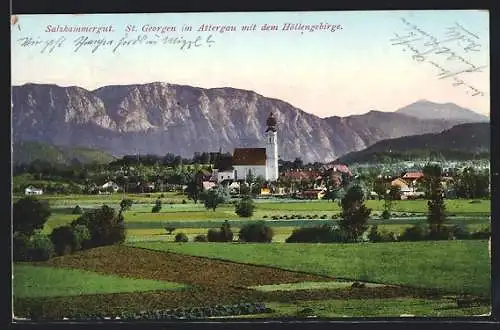 AK St. Georgen im Attergau, Salzkammergut, Teilansicht mit Kirche und dem Höllengebirge