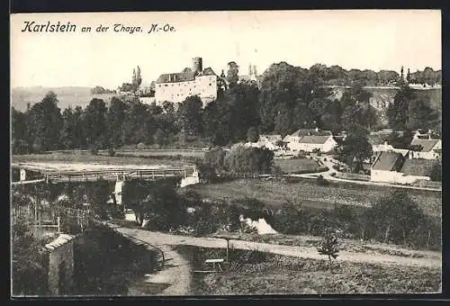 AK Karlstein an der Thaya, Teilansicht mit Burg und Flusspartie