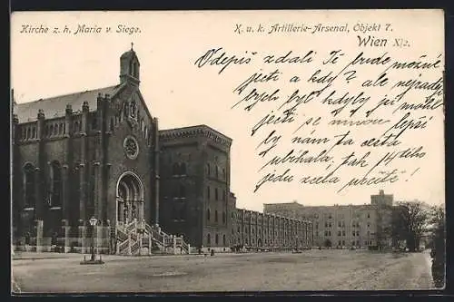 AK Wien, K. & k. Artillerie-Arsenal, Objekt 7 und Kirche Zur heiligen Maria vom Siege