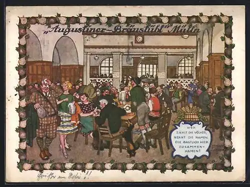 Künstler-AK Salzburg-Mülln, Gasthaus Augustiner-Bräustübl, Innenansicht