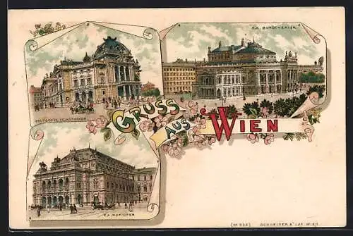 Lithographie Wien, Deutsches Volkstheater, K. K. Burgtheater, Hof-Oper