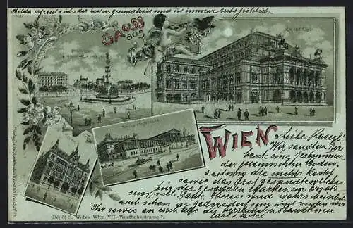 Mondschein-Lithographie Wien, Stiftungshaus, K. K. Hofoper, Praterstern mit Tegetthoff-Monument