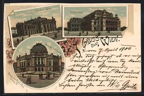 Lithographie Wien, Deutsches Volkstheater, Hofburg-Theater, K. K. Hof-Oper