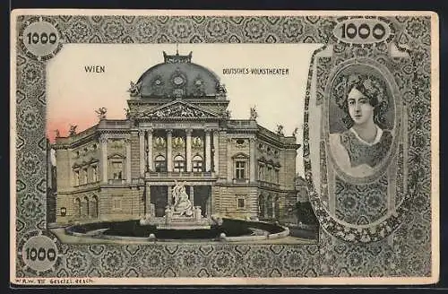 AK Wien, Deutsches Volkstheater, Rahmen nach Art eines Geldscheins