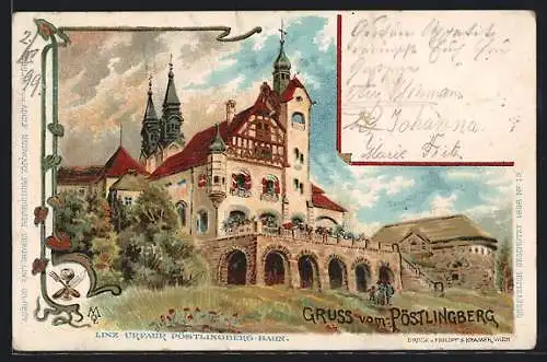 Lithographie Pöstlingberg, Gasthaus und Kirche