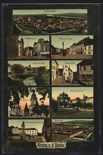 AK Krems a. Donau, Dinstlstrasse, Körnermarkt, Kaserne, Musikpavillon, Dreifaltigkeitsplatz, Wienerbrücke, Wegscheid