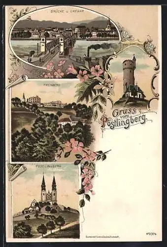 Lithographie Urfahr, Pöstlingberg, Brücke nach Urfahr, Freinberg