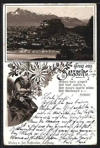 Lithographie Salzburg, Ortsansicht aus der Vogelschau, Zwerg mit Blumenstrauss