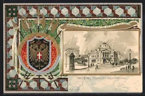 Passepartout-Lithographie Wien, Deutsches Volkstheater, geprägtes Wappen