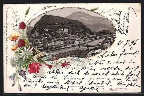 Lithographie Salzburg, Ortsansicht vom Electr. Aufzug aus, Rahmen mit Blumenstrauss